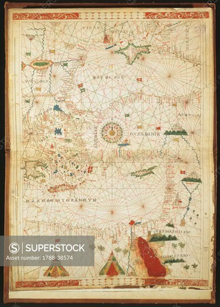 Cartography, 16th century. The Eastern Mediterranean, the Aegean Sea, Black Sea and a rose of 32 winds. From a Portolan atlas in three charts, by John Xenodocos from Corfu, 1520, cm. 32 x 22.3.