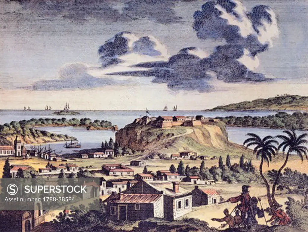 View of Acapulco by Peter Schenk, 1683, Mexico 17th century.