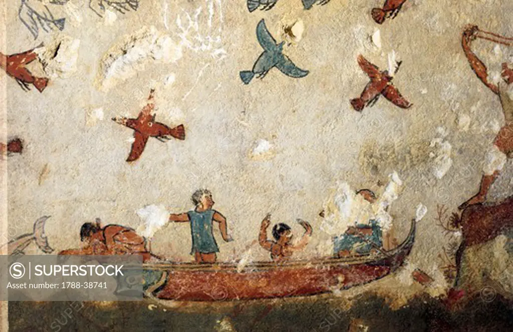 Italy, Latium Region, Viterbo Province, Tarquinia Etruscan Necropolises, fresco detail  6th Century BC, UNESCO World Heritage Site