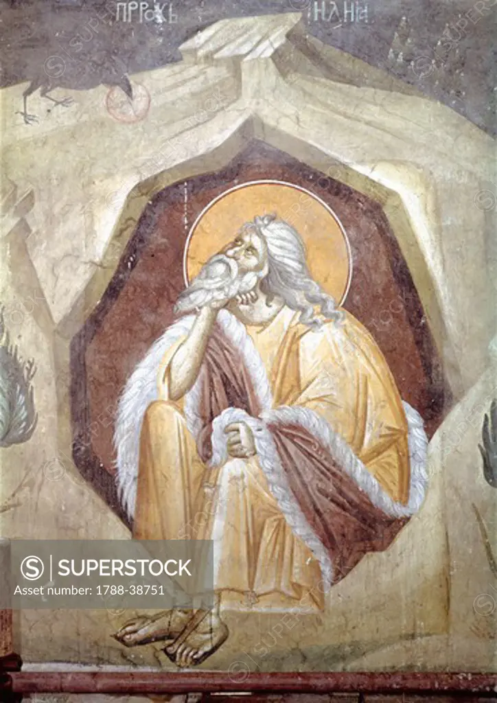 Serbia - Kosovo - Pristina - Gracanica Monastery (UNESCO World Heritage List, 2006), 14th century. Fresco detail portraying prophet Elijah fed by a raven.