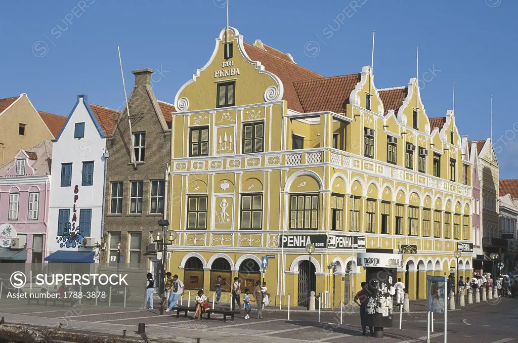 Group of people in front of buildings, Pehna House, Willemstad, Curacao, Netherlands Antilles