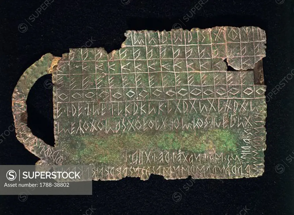 Prehistory, Italy, Iron Age. Bronze plaque with Venetic alphabet. From Reitia sanctuary at Este, province of Padua.