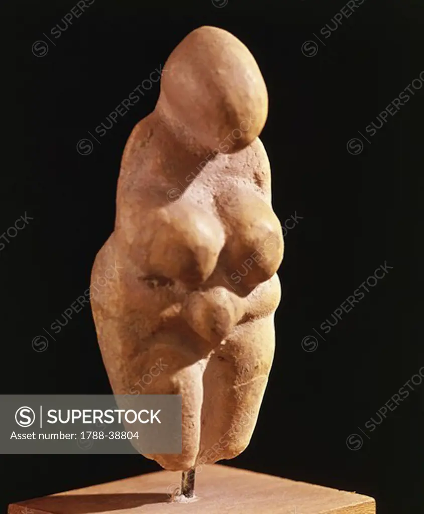Prehistory, Italy, Liguria region, Upper Paleolithic. Bone figurine of Venus, one of the group known as Venus of Grimaldi. From Balzi Rossi caves, province of Imperia.