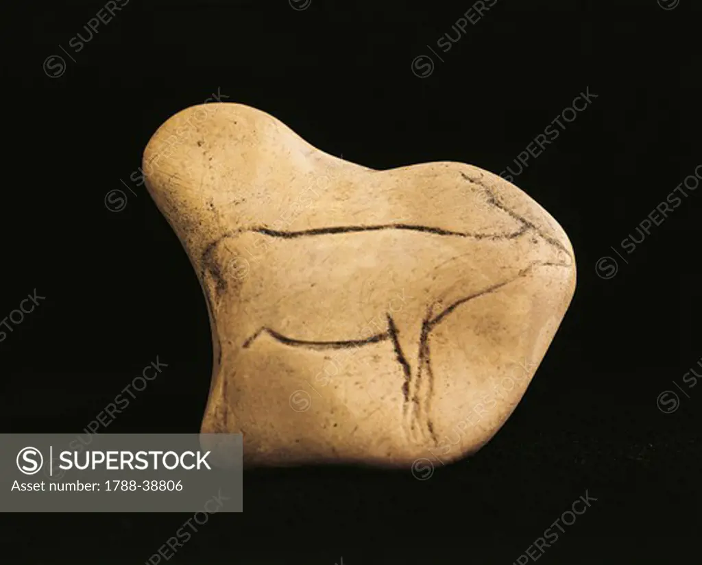 Prehistory, France, Upper Paleolithic. Bone engraved with figure of deer. From Laugerie-Basse in Aquitaine.