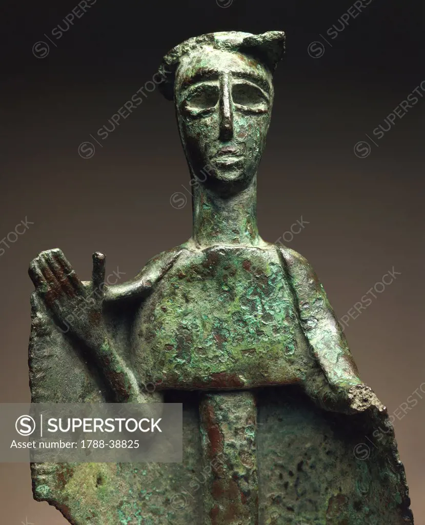 Nuragic civilization, 8th century b.C. Bronze figure depicting a praying woman, detail. From Sardinia Region.