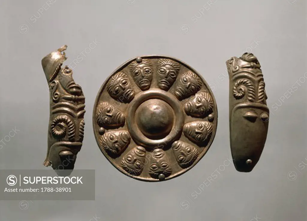 Celtic civilization, Italy, 1st century b.C. Embossed silver phaleras, ornamental disks used on horse gear. From Manerbio, Brescia province.