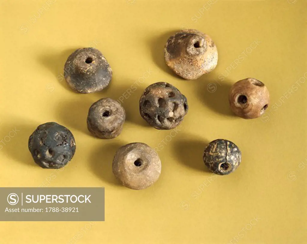 Prehistory, Italy, Bronze Age. Terracotta spindle whorls. From Toscanella Imolese, province of Bologna.