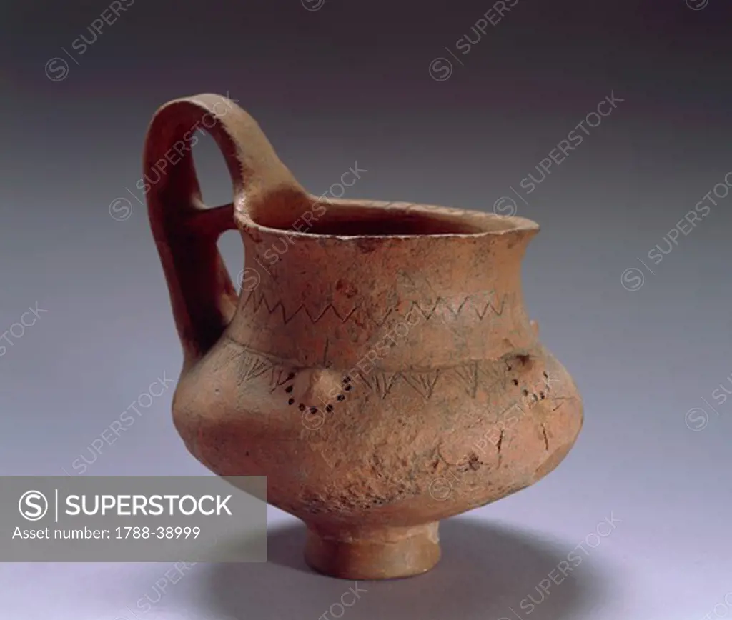 Prehistory, Albania, Iron Age. Pitcher with biforated handle and geometric decorations. From Korce.