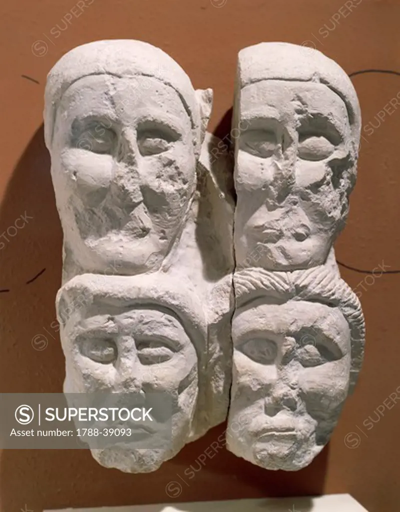 Celtic civilization, France, 3rd century b.C. Limestone cut off heads. From the Oppidum at Entremont.