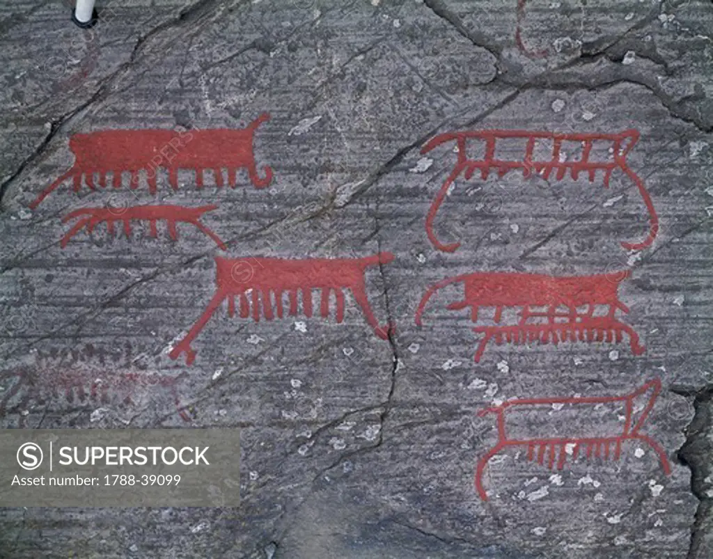Sweden - Vastra Gotaland County - Norrkoping. Rock carvings in Tanum or Tanumshede (UNESCO World Heritage List, 1994), Scandinavian Bronze Age. Detail of rock paintings depicting boats.