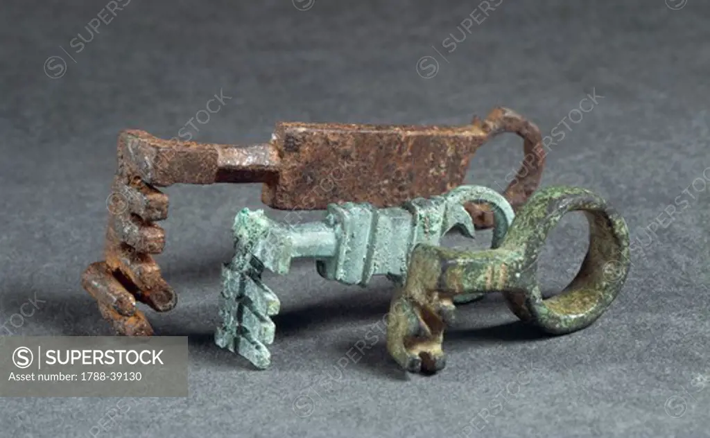 Italy, 1st century A.D. Iron and bronze keys. From Valle d'Aosta Region.