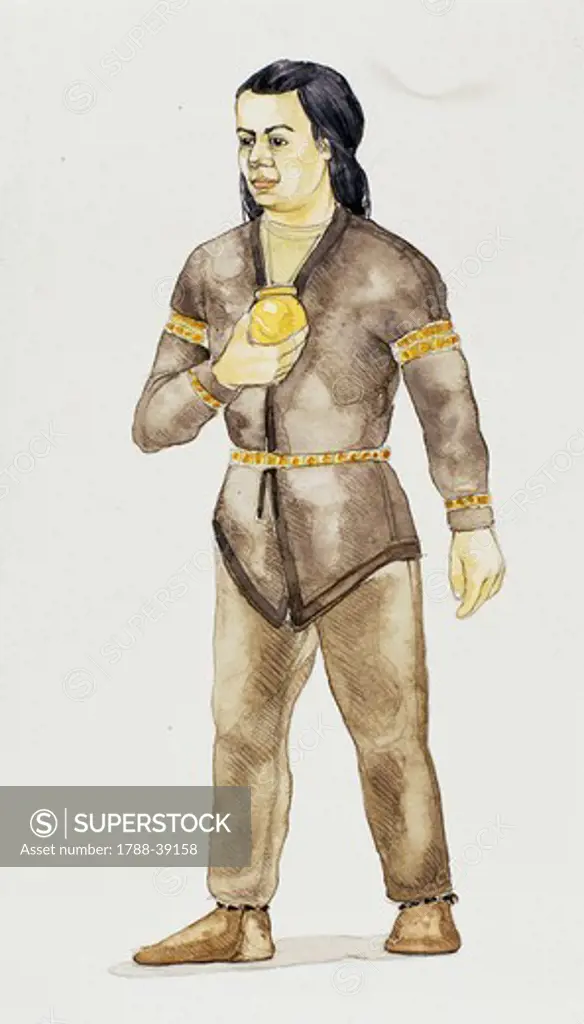 Prehistory, Scythian civilization. Young Scythian in typical clothes. Illustration.