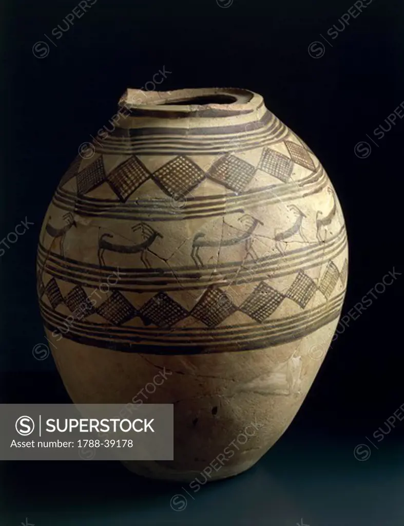 Prehistory, Iraq, Halaf culture. Ceramic vessel decorated with geometric and zoomorphic patterns, 5th millennium b.C. From Tell Hassan.