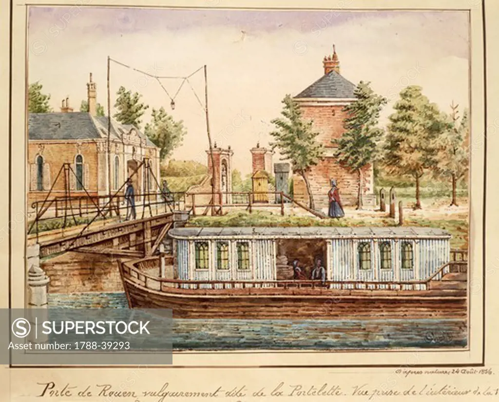 France, 19th century. A boat on river at Rouen gate, where Jacques Boucher de Perthes (1788-1868) started excavations at Abbeville. From a watercolor by O. Maqueron, August 24, 1856.