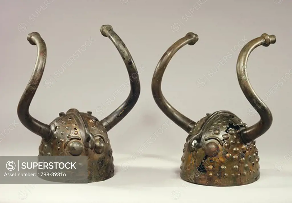 Prehistory, Denmark, Bronze Age. Pair of horned helmets. From the marsh of Brons Mose at Vesko.