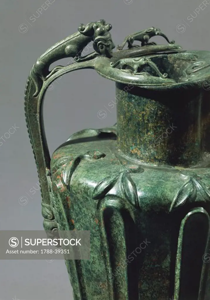 Celtic civilization, Austria. Schnabelkanne, bronze jug from tomb 112 at Durrnberg. Detail of the handle.