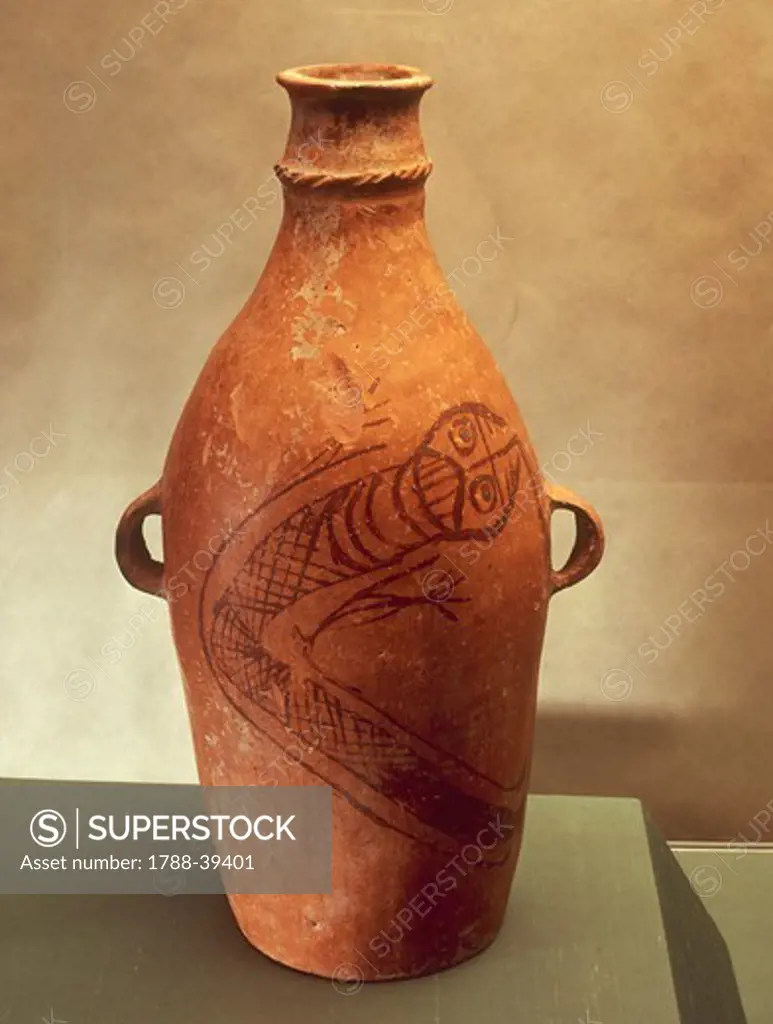 Prehistory, China, 3rd millennium b.C. Ceramic amphora with decoration representing a snake with feet. From Kan-Ku.