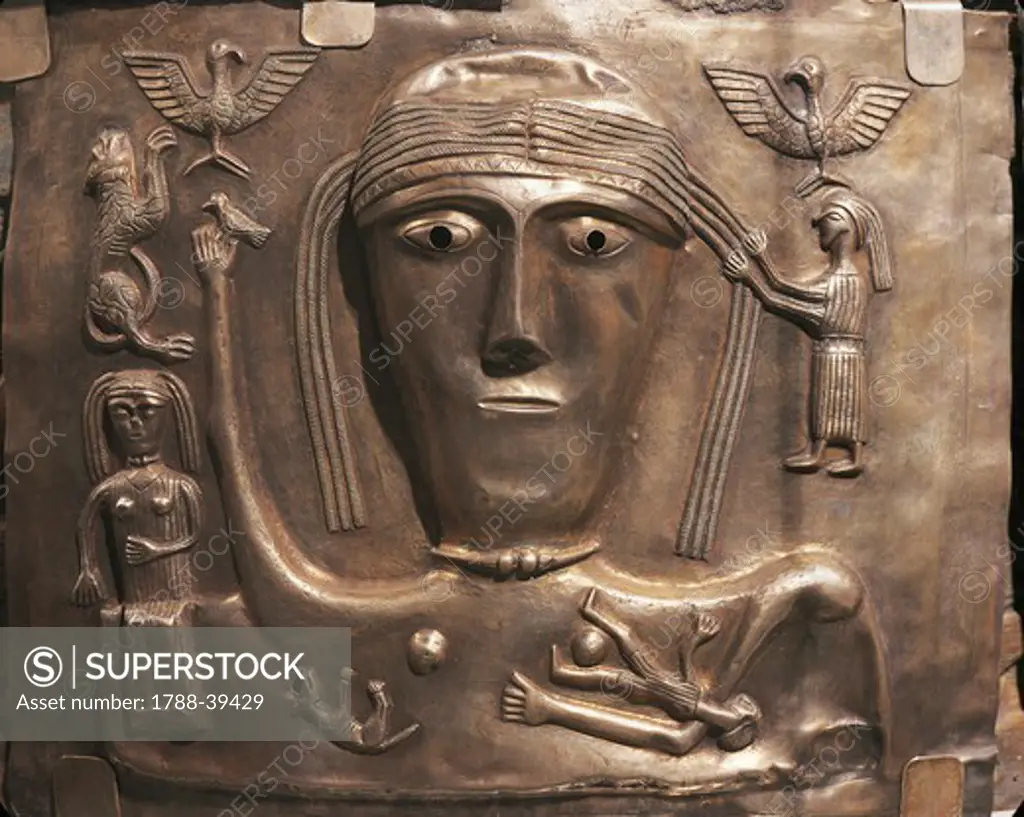 Celtic civilization, Denmark, 1st century b.C. Gundestrup cauldron, decorated silver vessel. Detail of the outer decoration.