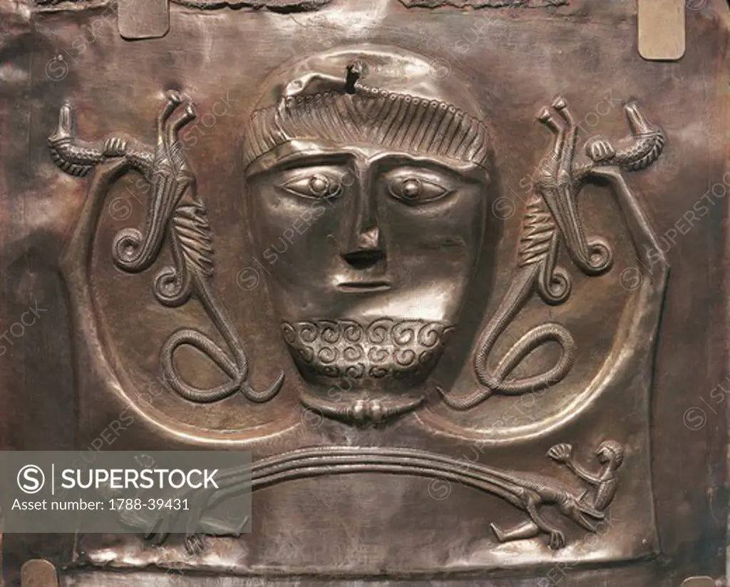 Celtic civilization, Denmark, 1st century b.C. Gundestrup cauldron, decorated silver vessel. Detail of the outer decoration.