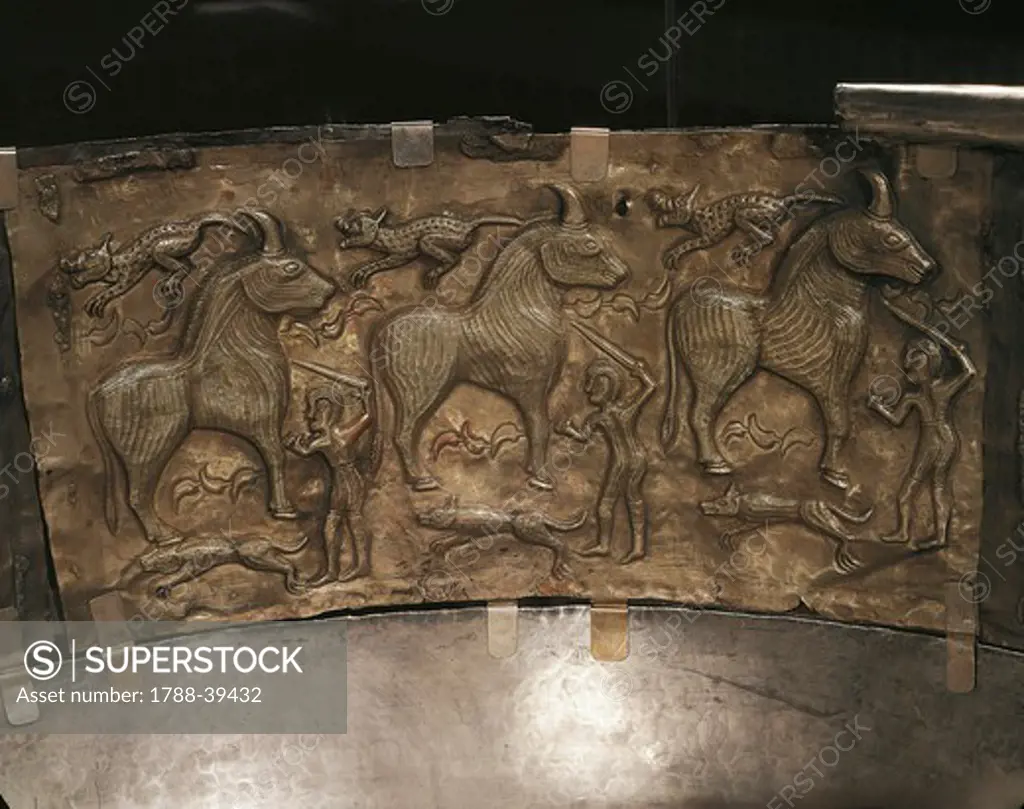 Celtic civilization, Denmark, 1st century b.C. Gundestrup cauldron, decorated silver vessel. Detail of the internal decoration.