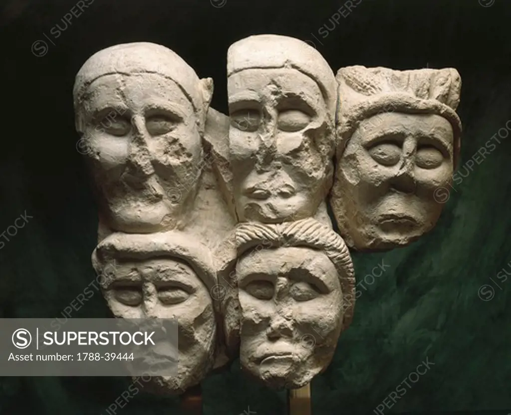 Celtic civilization, France, 2nd century b.C. Limestone cut off heads. From the Oppidum at Entremont.