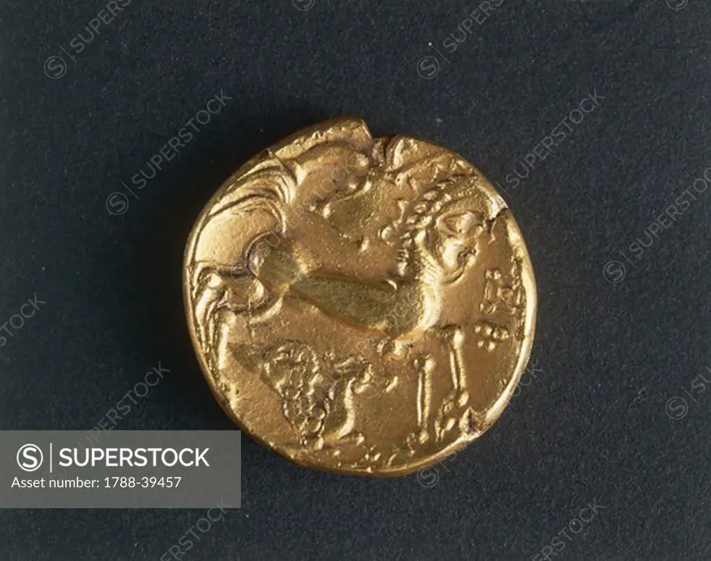 Coins. Gold Celtic stater of the Cenomani (Mans region). Back side with human-headed horse.