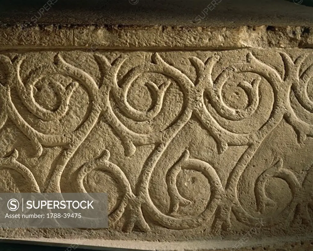 Prehistory, Malta, Neolithic. Detail of a large stone slab decorated with spiral reliefs. From Tarxien megalithic temple.