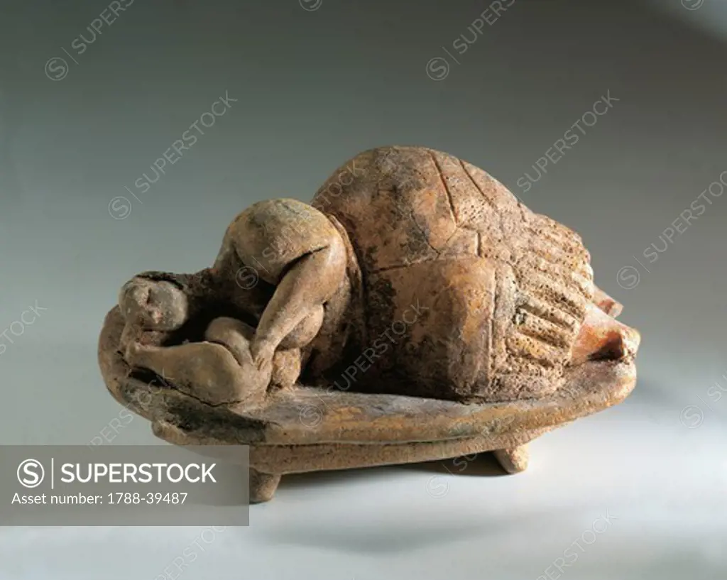 Prehistory, Malta, Neolithic. Terracotta statuette known as the ""Sleeping Lady"". From Hal Saflieni Hypogeum.