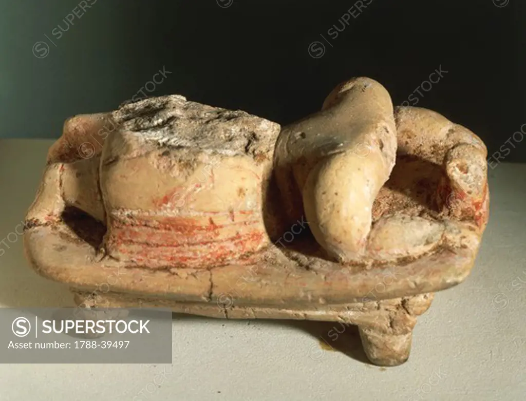 Prehistory, Malta, Neolithic. Terracotta figure known as the small Sleeping Lady. From Hal Saflieni Hypogeum.