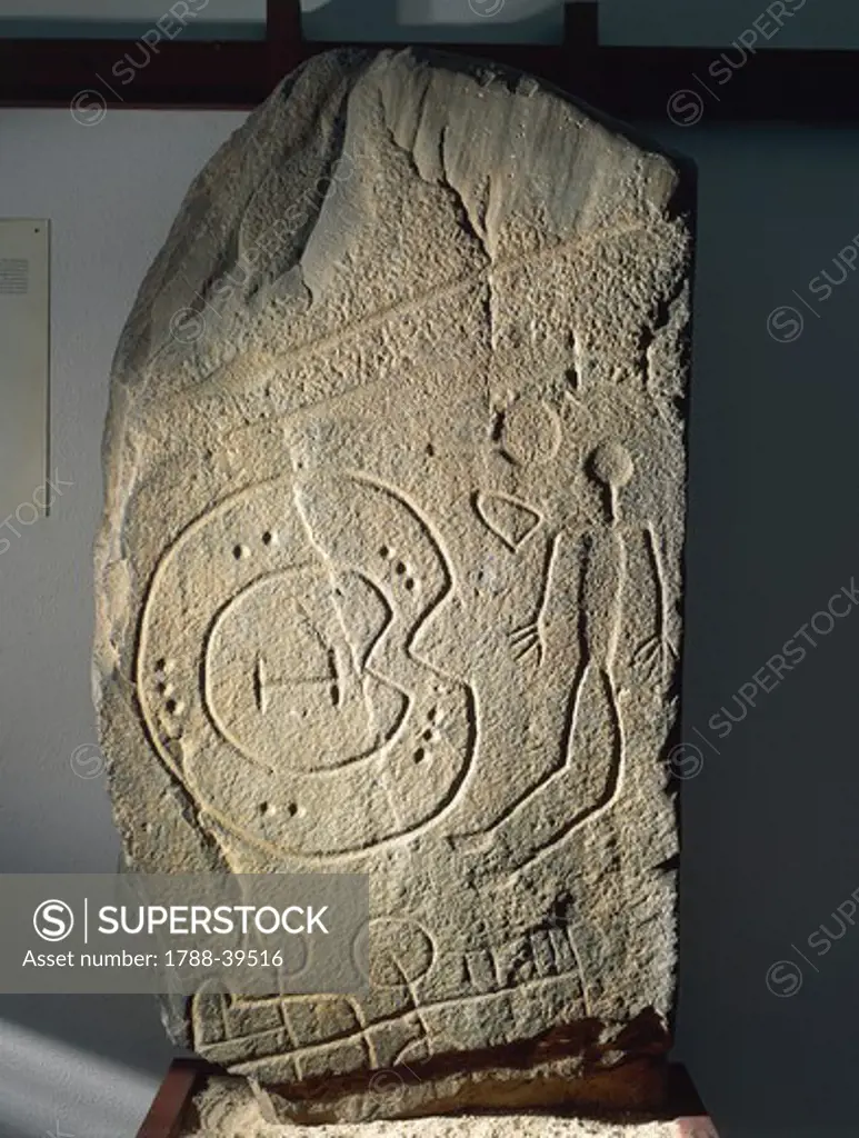 Prehistory, Spain, Bronze Age. Rock carvings on a stele. From Solana de Cabanas.