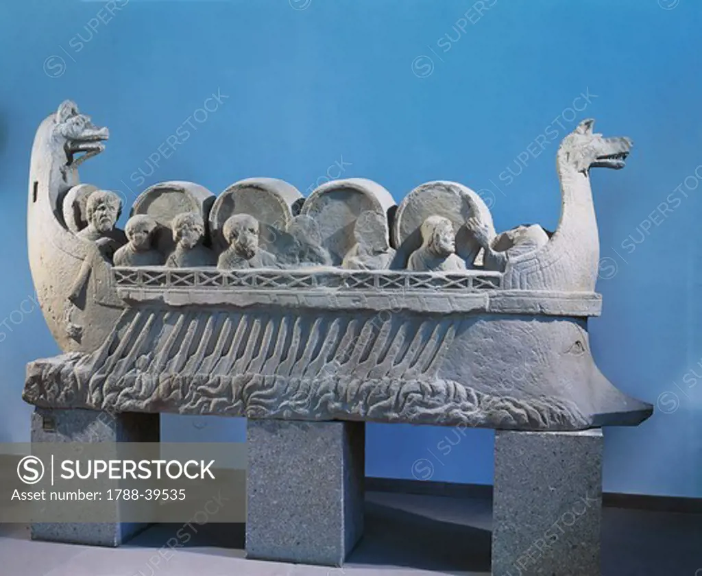 Gallo-Roman civilization, 3rd century A.D. Neumagen wine ship, stone burial monument in the shape of a rowing ship for the transport of wine barrels, about 220.