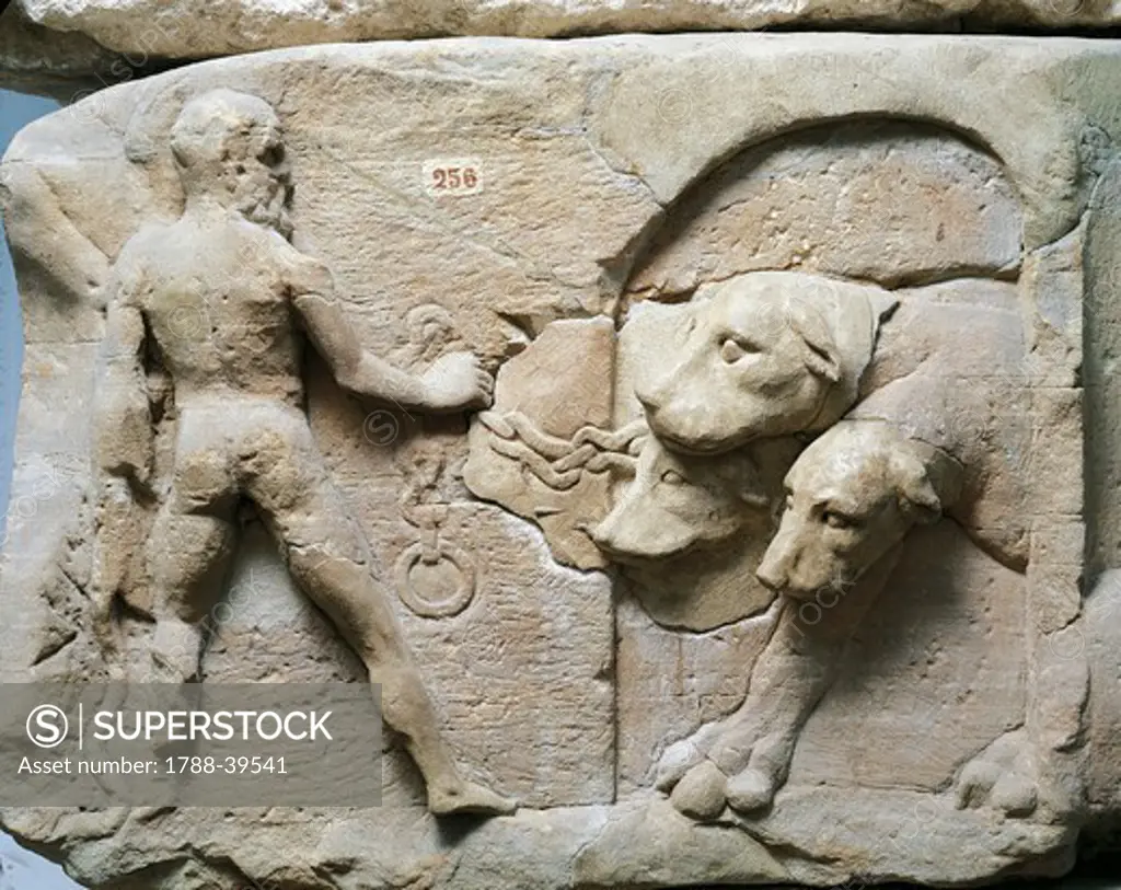 Gallo-Roman civilization, 2nd-3rd century A.D. Relief from a mausoleum depicting Hercules chaining Cerberus.