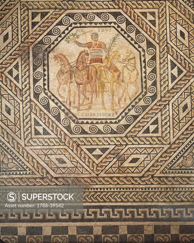 Gallo-Roman civilization, 3rd century - Mosaic depicting triumphant chariot driver Polydorus and his horse Compressor. From Roman Trier, Augusta Treverorum, circa 250 A.D.