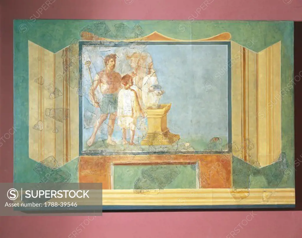Gallo-Roman civilization, 2nd-3rd century. Fresco depicting a scene of sacrifice placed as if in an altarpiece in perspective. From a villa in Augusta Treverorum (Trier).