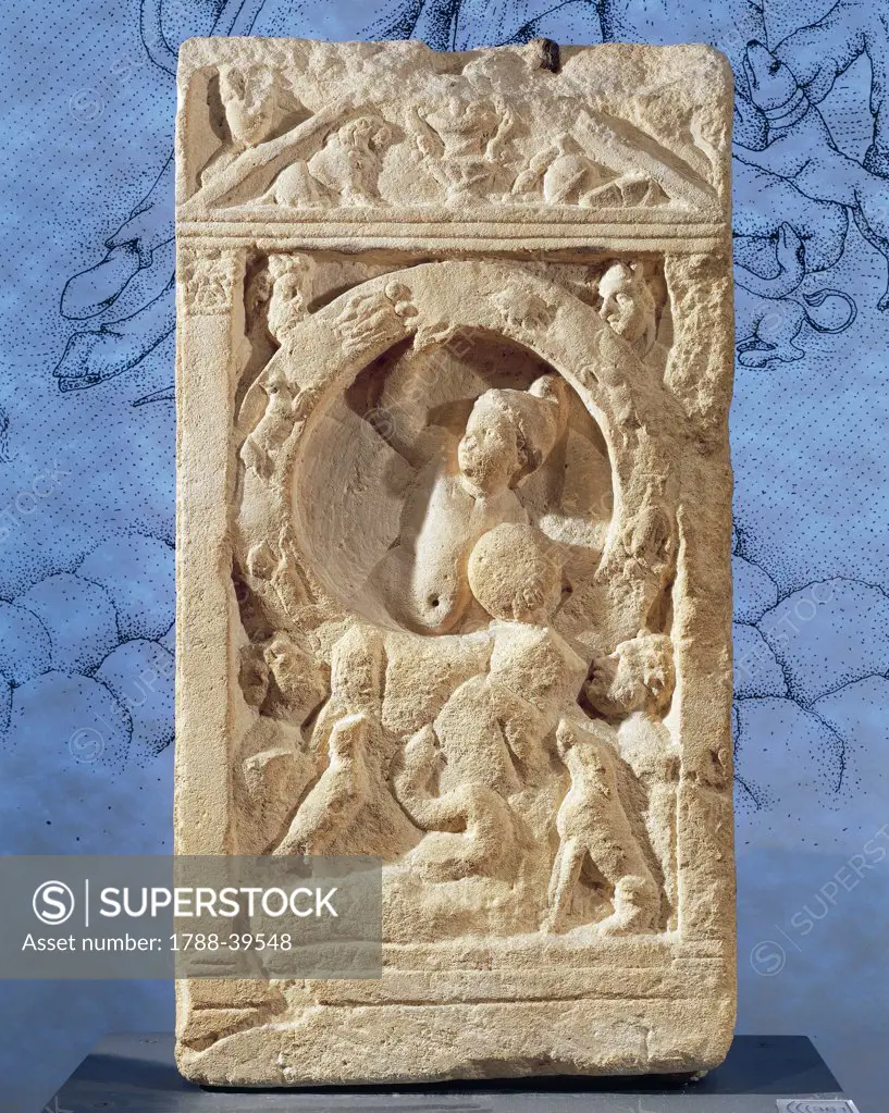 Gallo-Roman civilization, 2nd century. The birth of Mithras from the rock surrounded by the signs of the zodiac. From Augusta Treverorum (Trier).