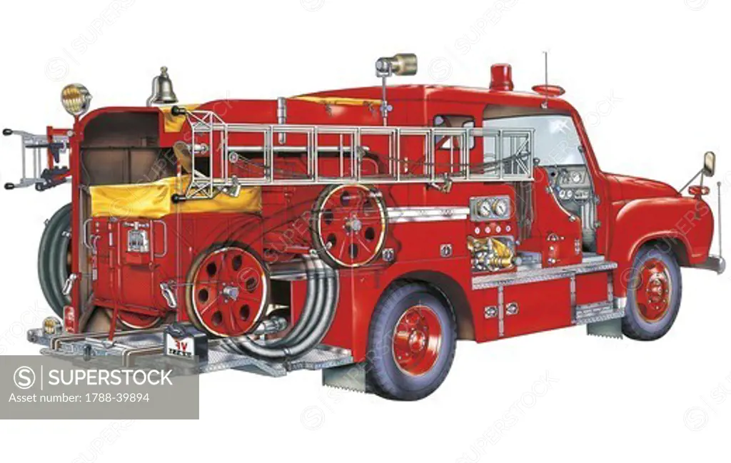 Transportation technology. Fire engine. Color illustration