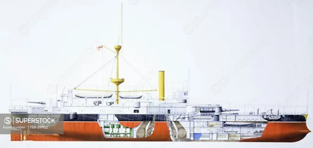 Naval ships - British Royal Navy battleship, 1887. Illustrated cutaway view