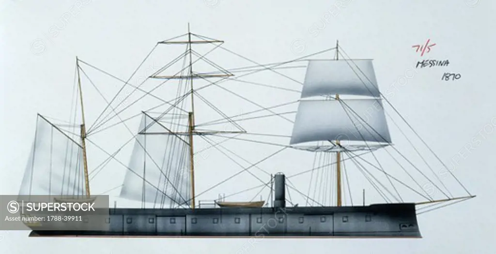 Naval ships - Italy's Regia Marina battery ironclad battleship Messina, 1864. Color illustration