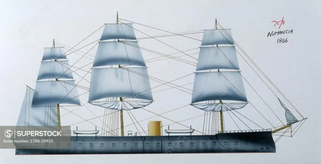 Naval ships - Spanish Navy battery battleship Numancia, 1863. Color illustration