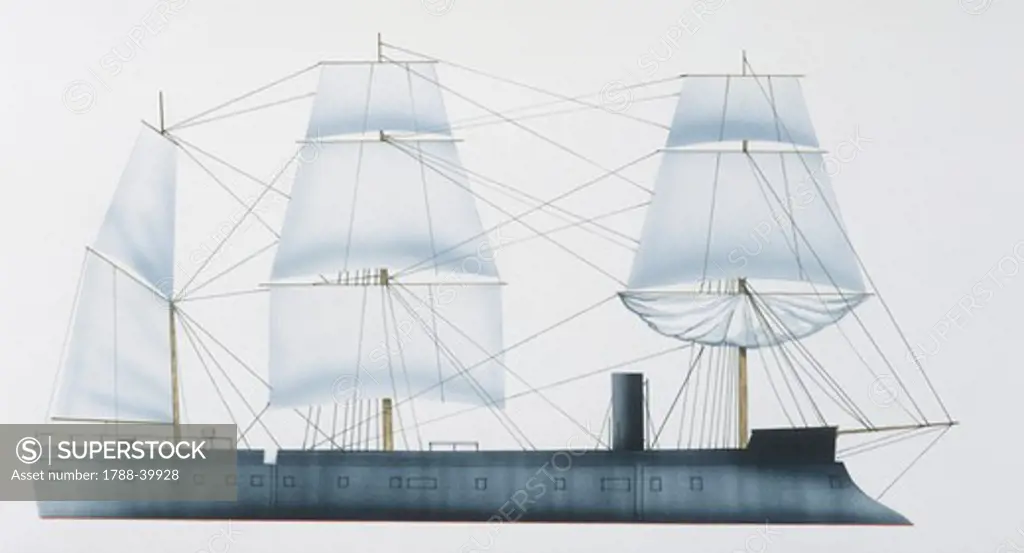 Naval ships - Italy's Regia Marina ironclad steam corvette Palestro, 1865. Color illustration