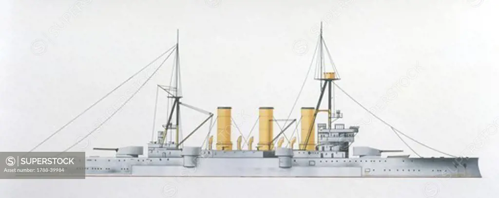 Naval ships - Royal Hellenic Navy armored cruiser BS Averoff, 1910. Color illustration