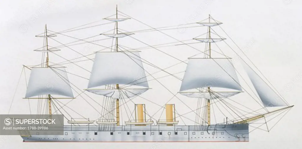 Naval ships - British Royal Navy cruiser HMS Bacchante, 1876. Color illustration