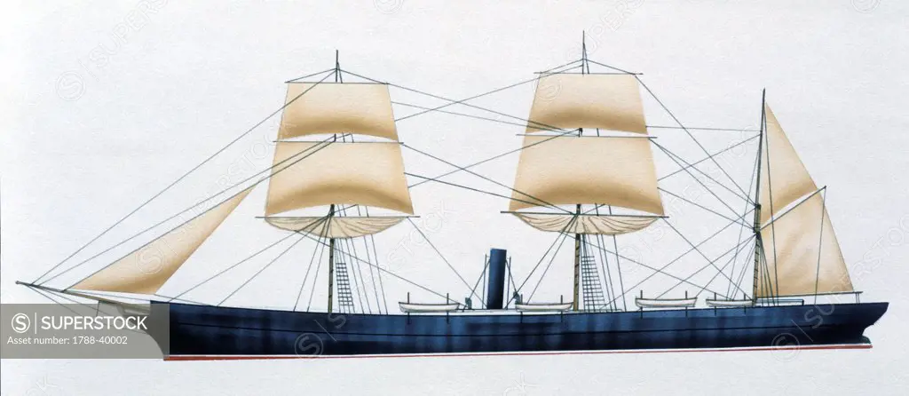 Marine transportation - German Norddeutscher Lloyd's ocean liner SS Bremen, 1858. Color illustration