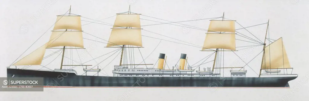 Marine transportation - British White Star Line ocean liner SS Britannic, 1874. Color illustration