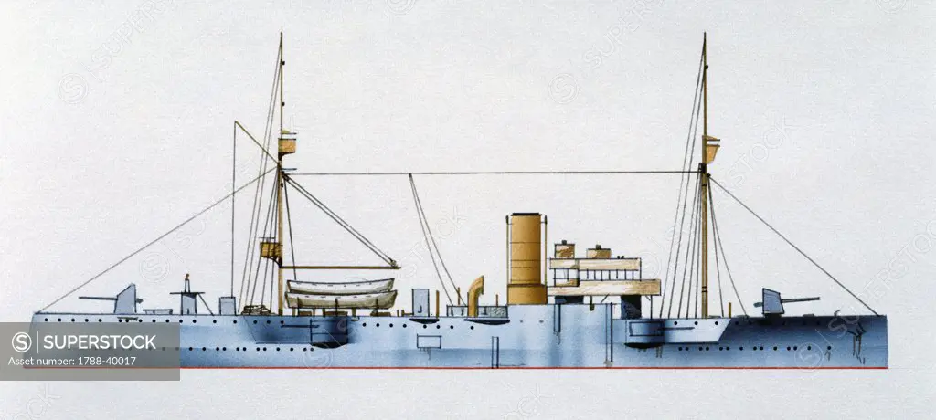 Naval ships - Italy's Regia Marina protected cruiser Campania, 1914. Color illustration
