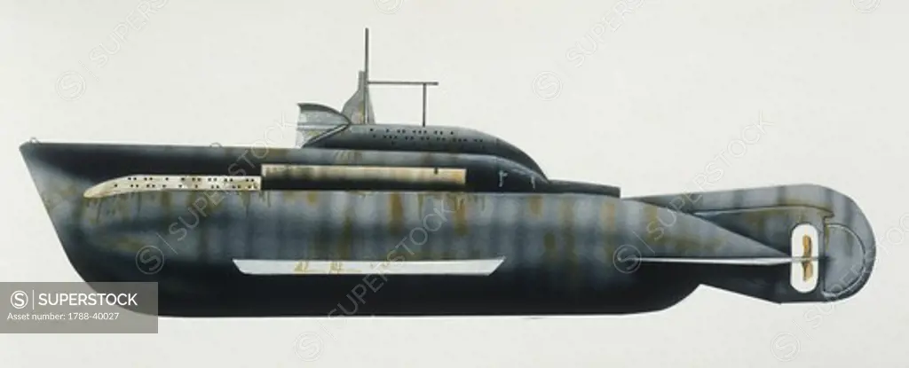 Naval ships - Italy's Regia Marina submarine CB12, 1843. Color illustration