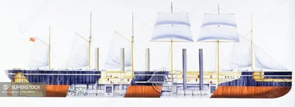 Marine transportation - British Eastern Steam Navigation Company's liner SS Great Eastern, launched 1858. Illustrated cutaway view