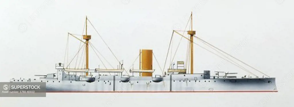 Naval ships - United States Navy protected cruiser USS Charleston, 1888. Color illustration