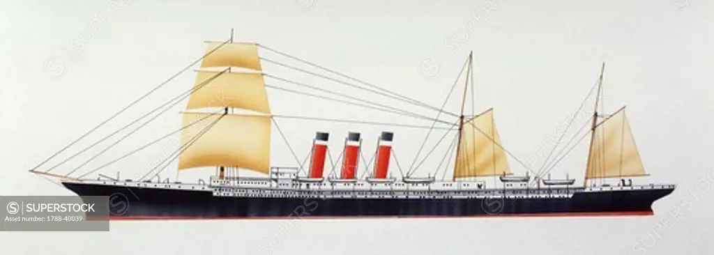 Marine transportation - British Inman Line ocean liner SS City of New York, 1888. Color illustration
