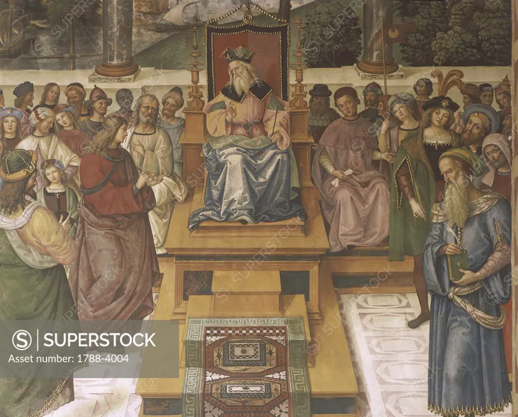 Italy - Tuscany Region. Siena, Piccolomini Library. Pinturicchio, Pope Pius II meets James of Scotland. Fresco